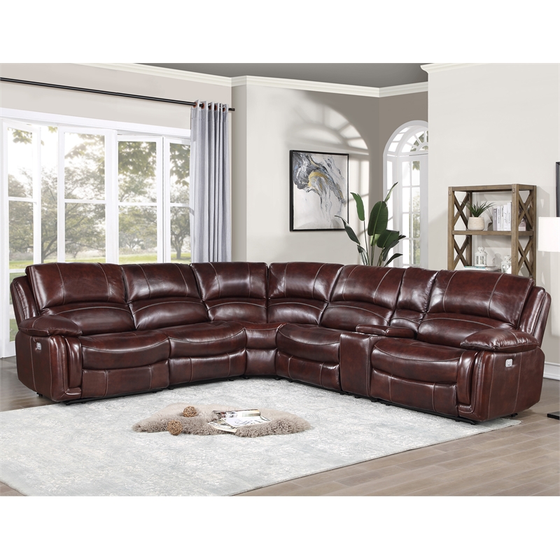 Pemberly Row Brown Leather 6-Piece Power Reclining Sectional