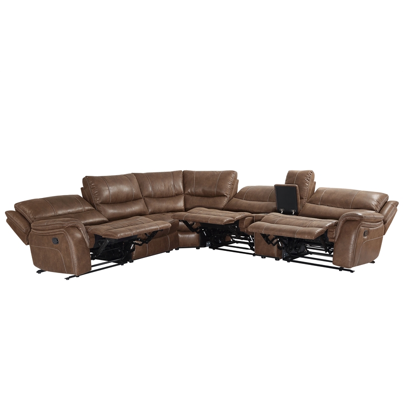 Pemberly Row Cocoa Brown Faux Leather 6-Piece Manual Reclining Sectional