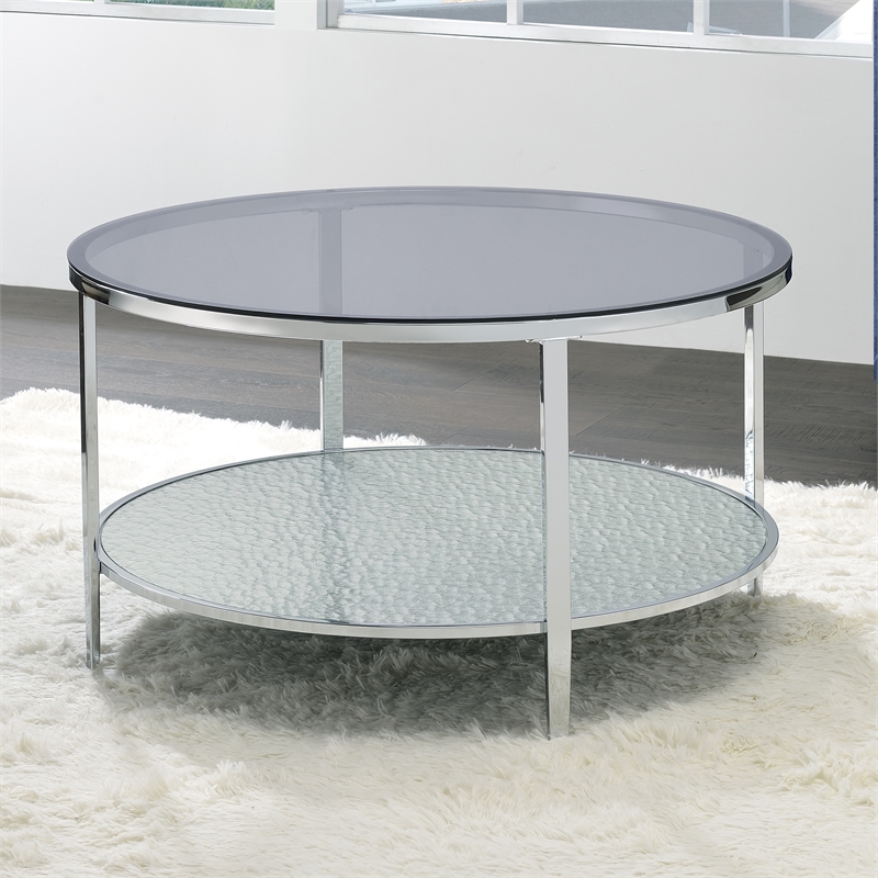 Pemberly Row Contemporary Round Chrome and Tempered Glass Cocktail Table
