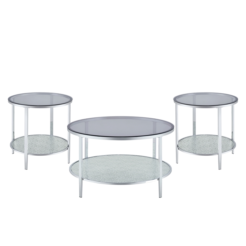 Pemberly Row Contemporary Round Chrome and Tempered Glass Cocktail Table