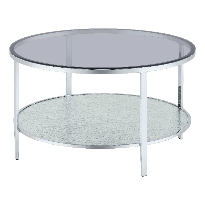 Pemberly Row Contemporary Round Chrome and Tempered Glass Cocktail Table
