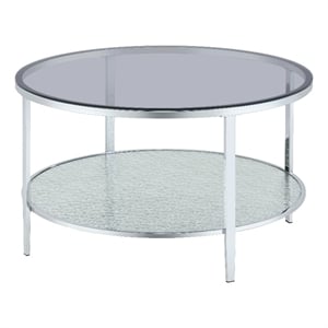 Pemberly Row Contemporary Round Chrome and Tempered Glass Cocktail Table