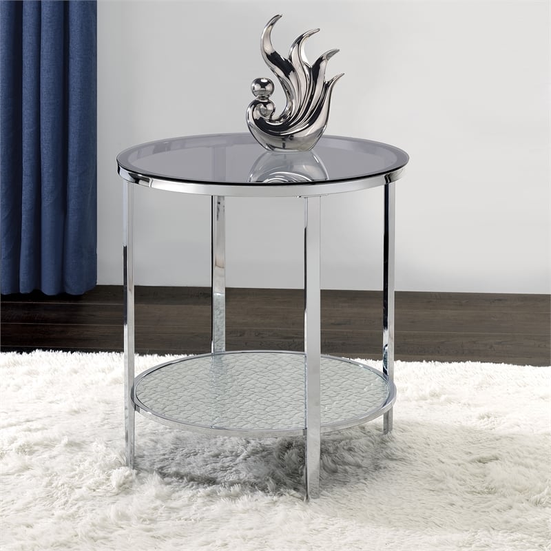 Pemberly Row Contemporary Round Chrome and Tempered Glass End Table
