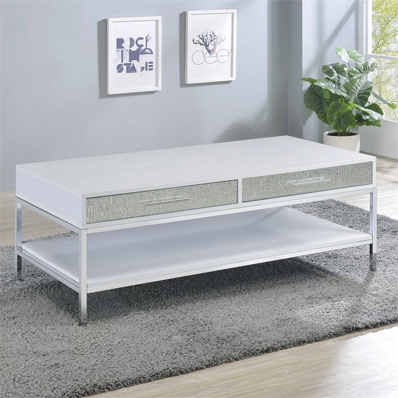 Pemberly Row Contemporary White Wood and Chrome Cocktail Table