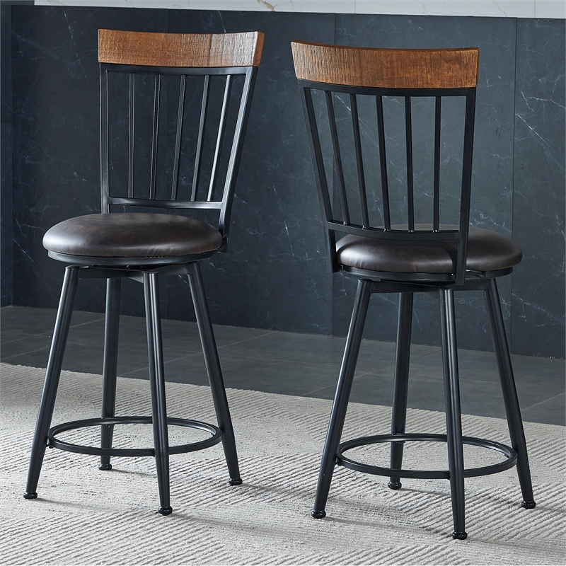 Pemberly Row Black Metal Dark Brown Faux Leather Swivel Counter Stool