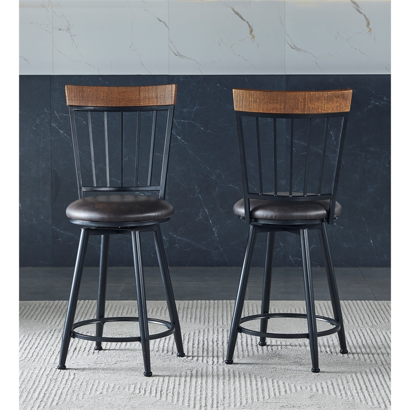 Pemberly Row Black Metal Dark Brown Faux Leather Swivel Counter Stool