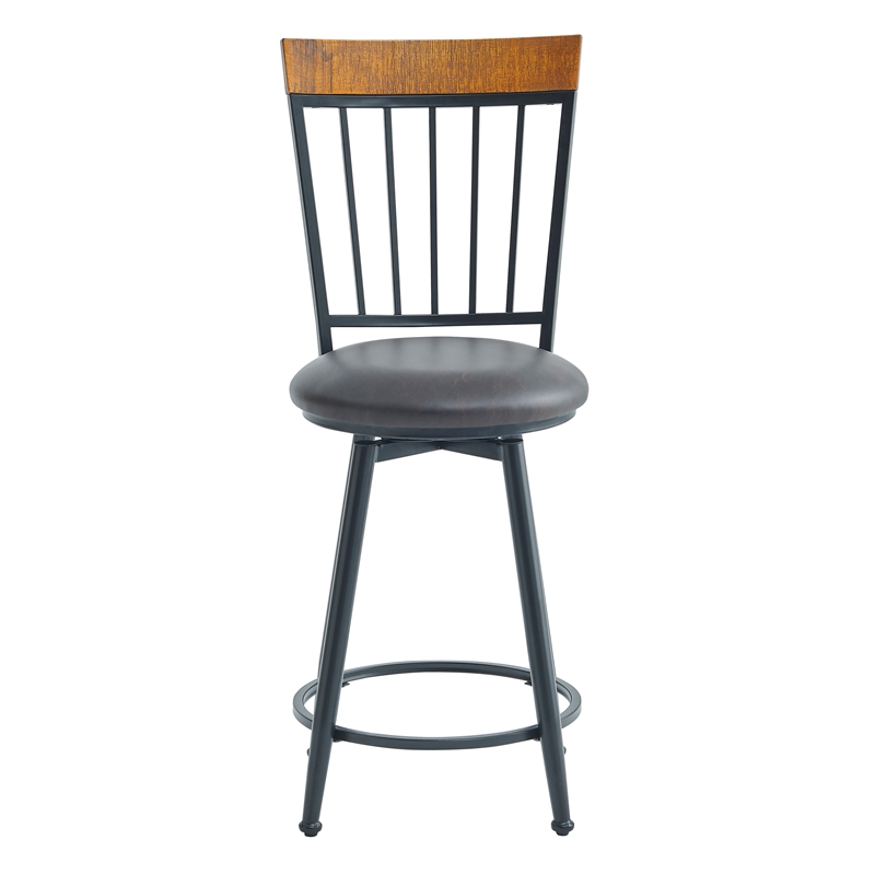 Pemberly Row Black Metal Dark Brown Faux Leather Swivel Counter Stool