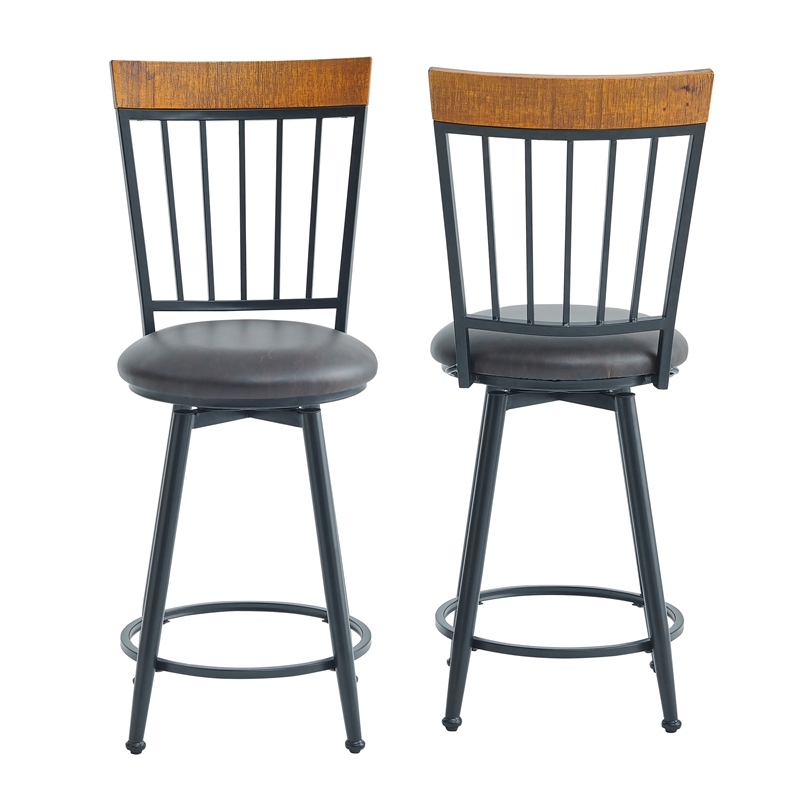 Pemberly Row Black Metal Dark Brown Faux Leather Swivel Counter Stool