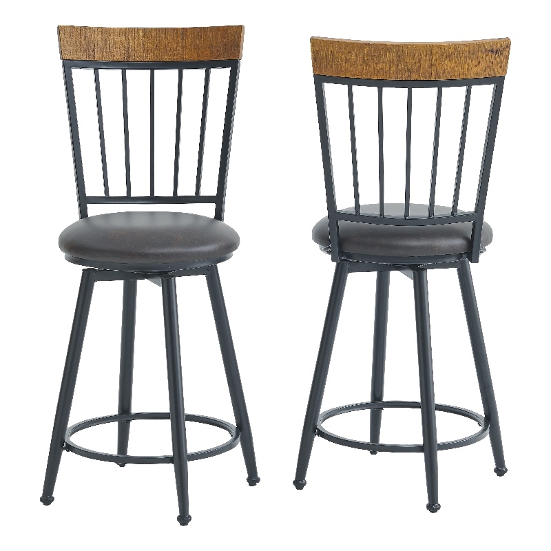 Pemberly Row Black Metal Dark Brown Faux Leather Swivel Counter Stool