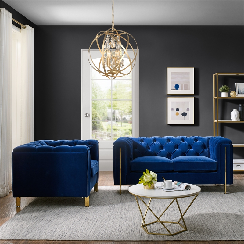Pemberly Row Contemporary Blue Velvet Button Tufted Loveseat