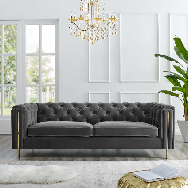 Pemberly Row Modern / Contemporary Gray Velvet Button Tufted Sofa