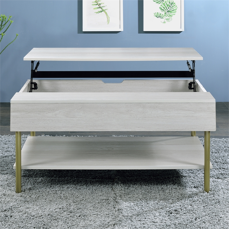 Pemberly Row Contemporary White Wood and Brass Lift Top Coffee Table