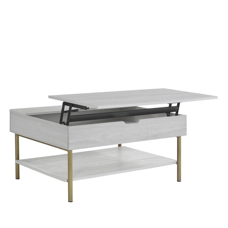 Pemberly Row Contemporary White Wood and Brass Lift Top Coffee Table