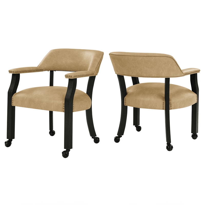 Pemberly Row Faux Leather Dining Arm Chair with Caster in Black