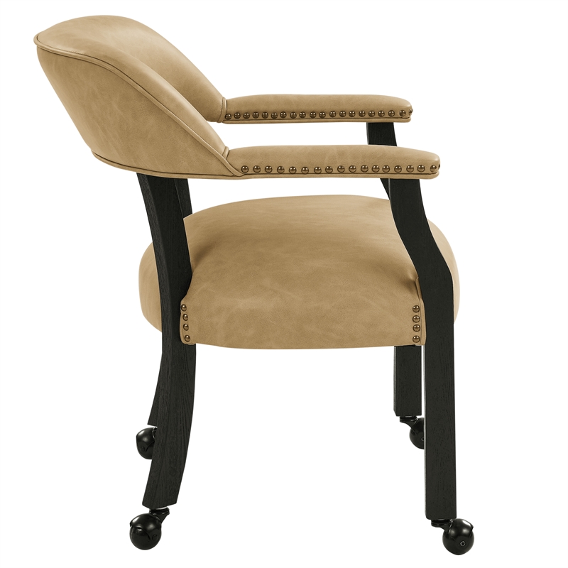 Pemberly Row Faux Leather Dining Arm Chair with Caster in Black