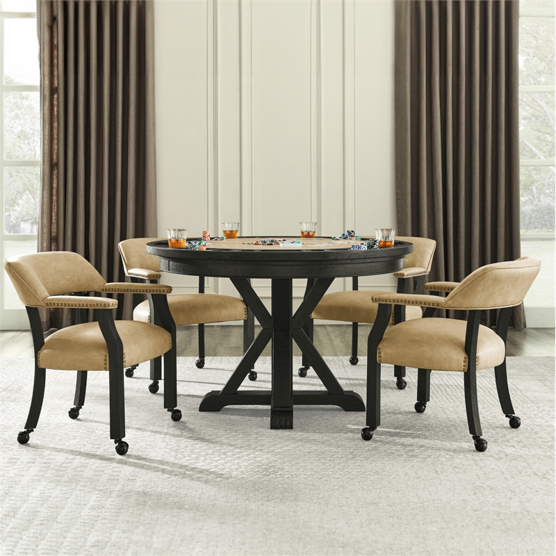 Pemberly Row Faux Leather Dining Arm Chair with Caster in Black