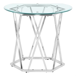 Pemberly Row Round Tempered Glass and Iron End Table in Silver