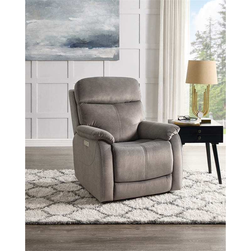 Pemberly Row Polyester Upholstered Single Power Recliner in Gray
