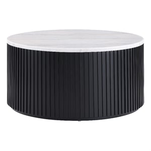 Pemberly Row 36&quot Round White Marble Top Coffee Table with Casters Black Finish