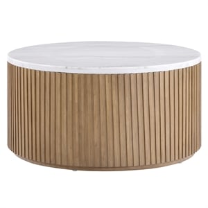 Pemberly Row 36&quot Round White Marble Top Coffee Table in Toffee