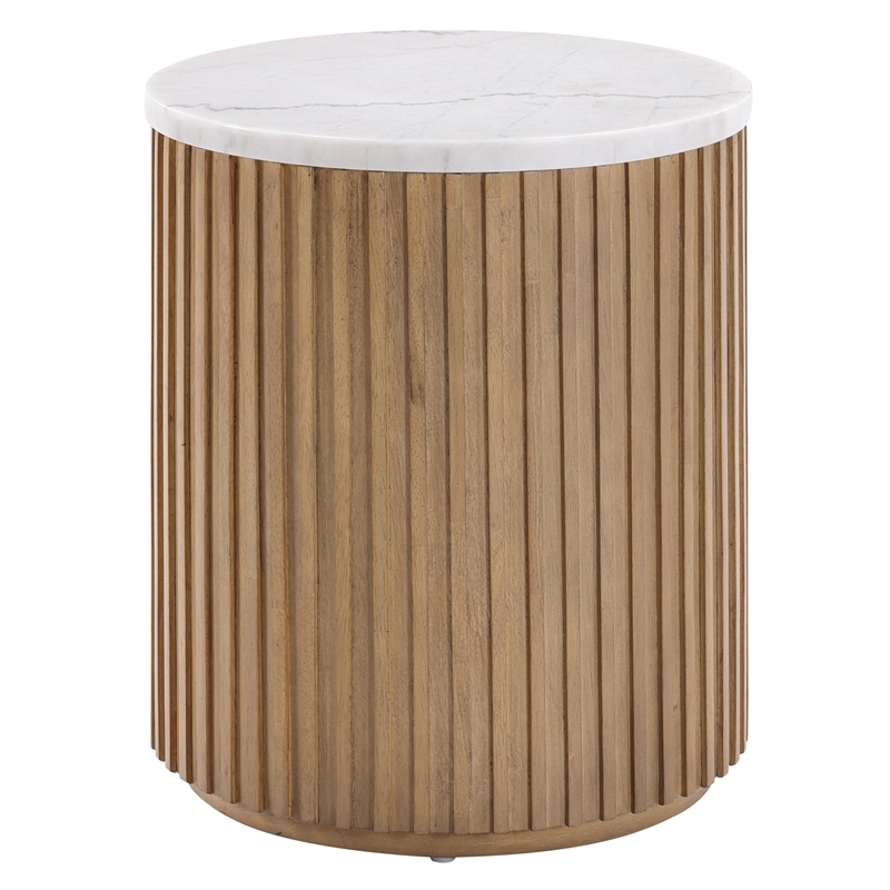 Pemberly Row Contemporary White Marble Top End Table in Toffee Finish