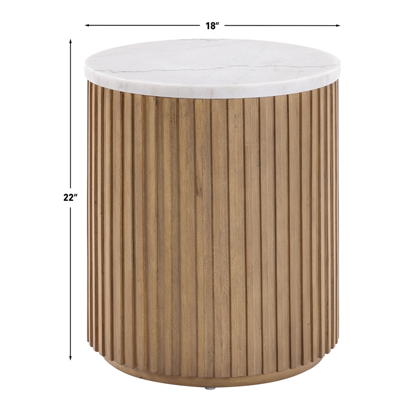 Pemberly Row Contemporary White Marble Top End Table in Toffee Finish