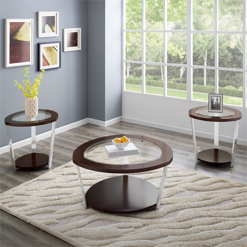 Pemberly Row Engineered Wood Contemporary 3-piece Coffee Table Set in Brown