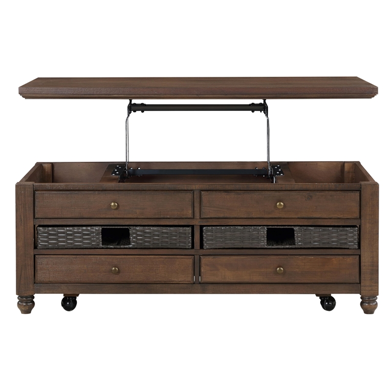 Pemberly Row Contemporary Lift-Top Cocktail Table with Casters in Brown