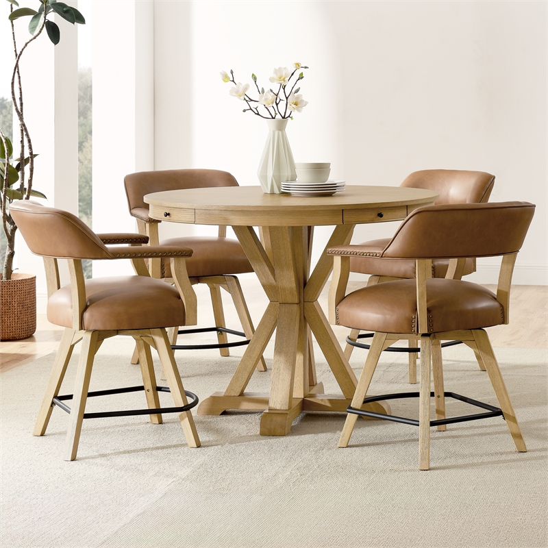 Pemberly Row Counter Table & 4 Swivel Counter Chairs Natural Finish