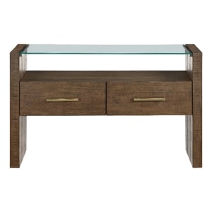 Pemberly Row Contemporary Glass Top Sofa Table in Toffee Finish