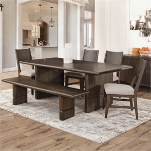 Pemberly Row 6-pieces Dining Set (Table & 4 Side Chairs & Bench) in Brown