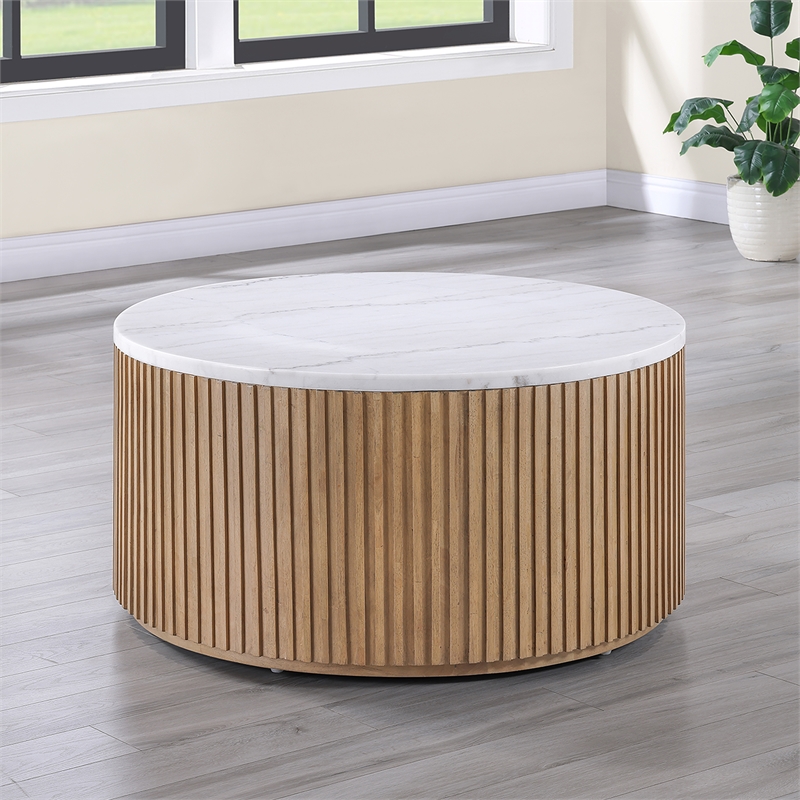 Pemberly Row 3-piece Round White Marble Top Coffee & End Table Set in Toffee