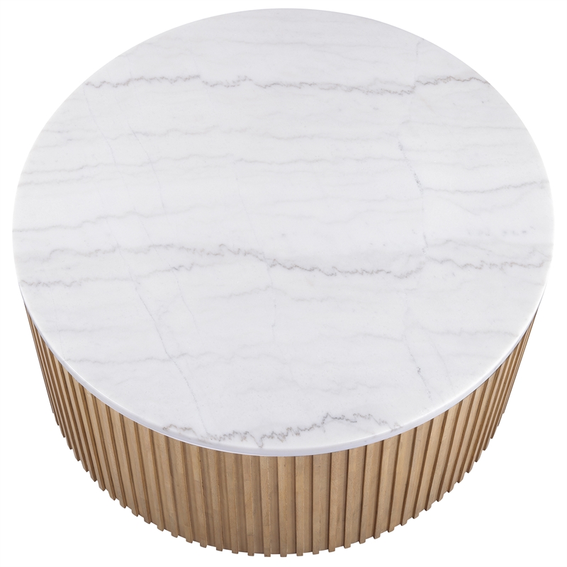 Pemberly Row 3-piece Round White Marble Top Coffee & End Table Set in Toffee
