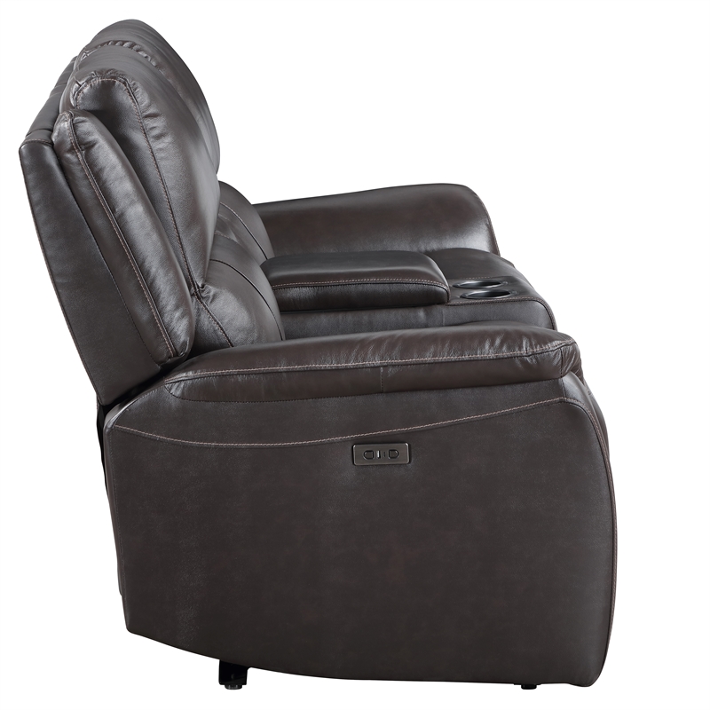 Pemberly Row Contemporary Leather Power Reclining Love Seat in Brown