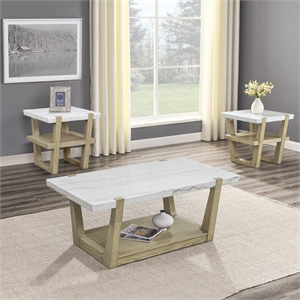 Pemberly Row Contemporary 3-Piece Marble Top Coffee & End Table Set