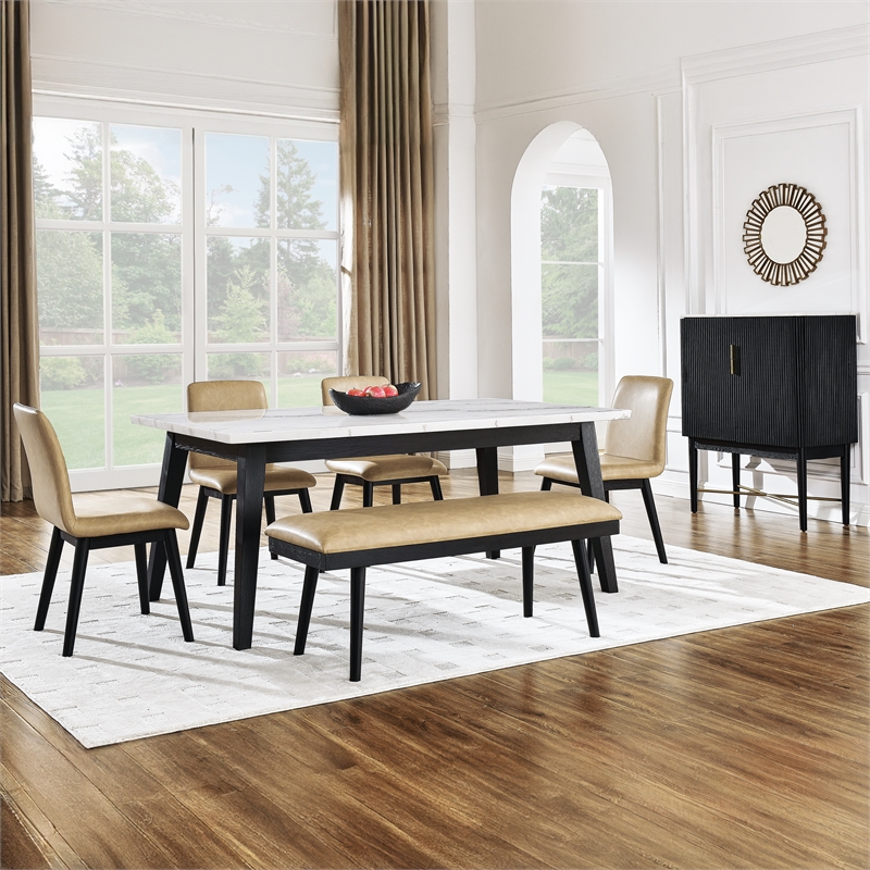 Pemberly Row Contemporary 6-Piece White Marble Dining Set in Black