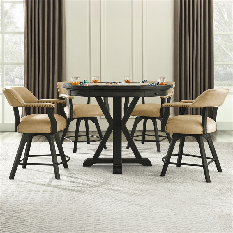 Pemberly Row Counter Table with Game Top & 4 Counter Chairs in Black/Sand