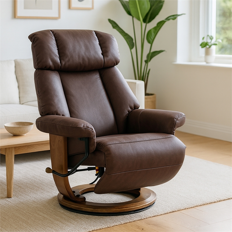 Pemberly Row Swivel Recliner with Folding Chaise in Dark Brown Fabric