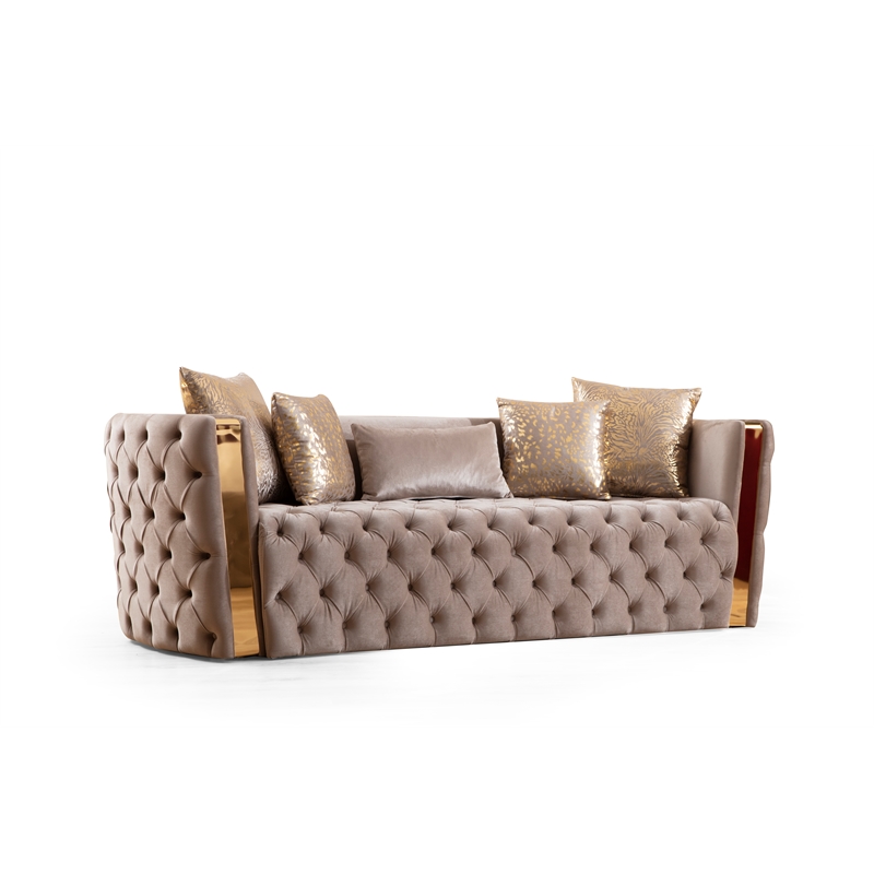 Pemberly Row Button Tufted 3Pc Set with Velvet Fabric & Gold Accent in Off White