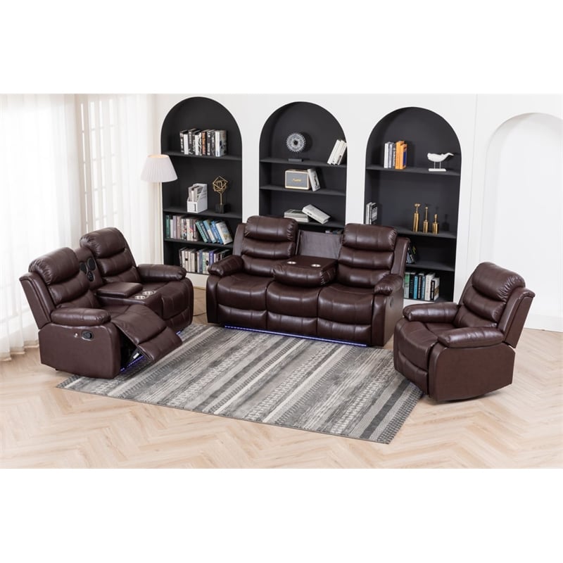 Pemberly Row 3-Piece Faux Leather Reclining Sofa Set with USB Charging in Brown