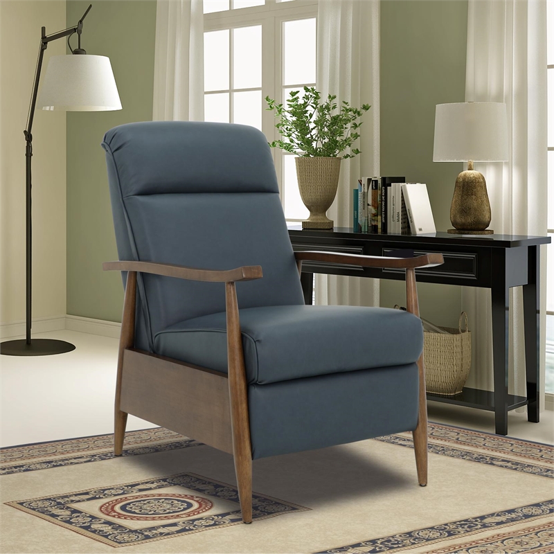 Pemberly Row Leather Push Thru The Arms Recliner in Santa Fe Ocean