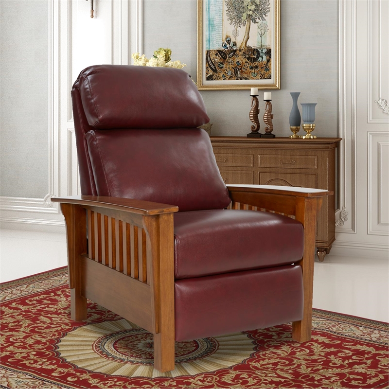 Pemberly Row Leather Push Thru The Arms Recliner in Marisol Cabernet