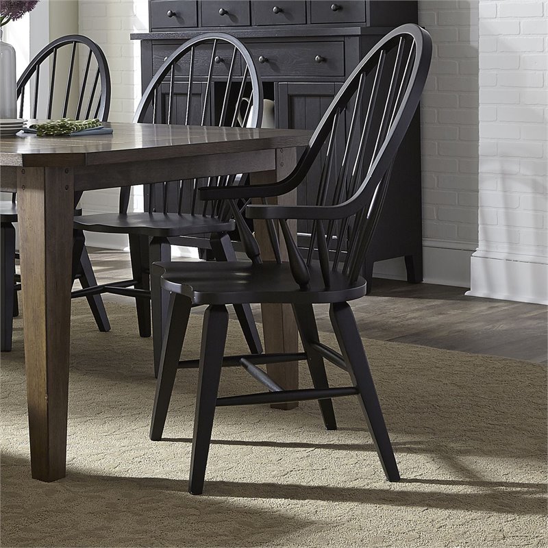 Pemberly Row Traditional Dark Brown Windsor Back Arm Chair - Black