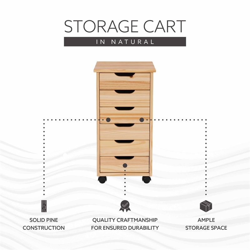 Pemberly Row Six Drawer Rolling Storage Cart in Natural Brown Wood