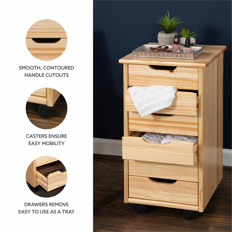 Pemberly Row Six Drawer Rolling Storage Cart in Natural Brown Wood