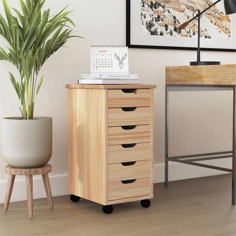 Pemberly Row Six Drawer Rolling Storage Cart in Natural Brown Wood