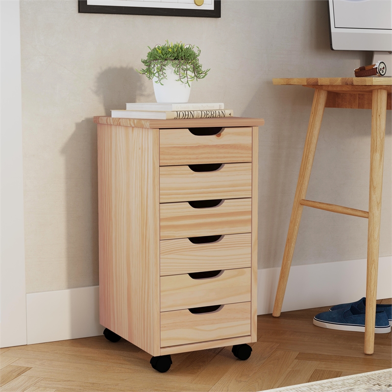 Pemberly Row Six Drawer Rolling Storage Cart in Natural Brown Wood