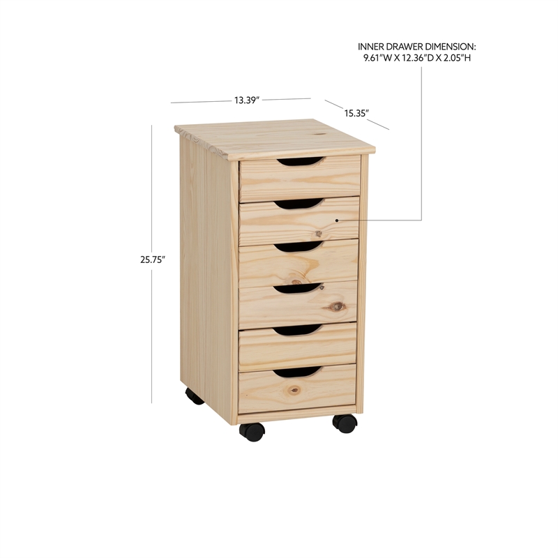 Pemberly Row Six Drawer Rolling Storage Cart in Natural Brown Wood