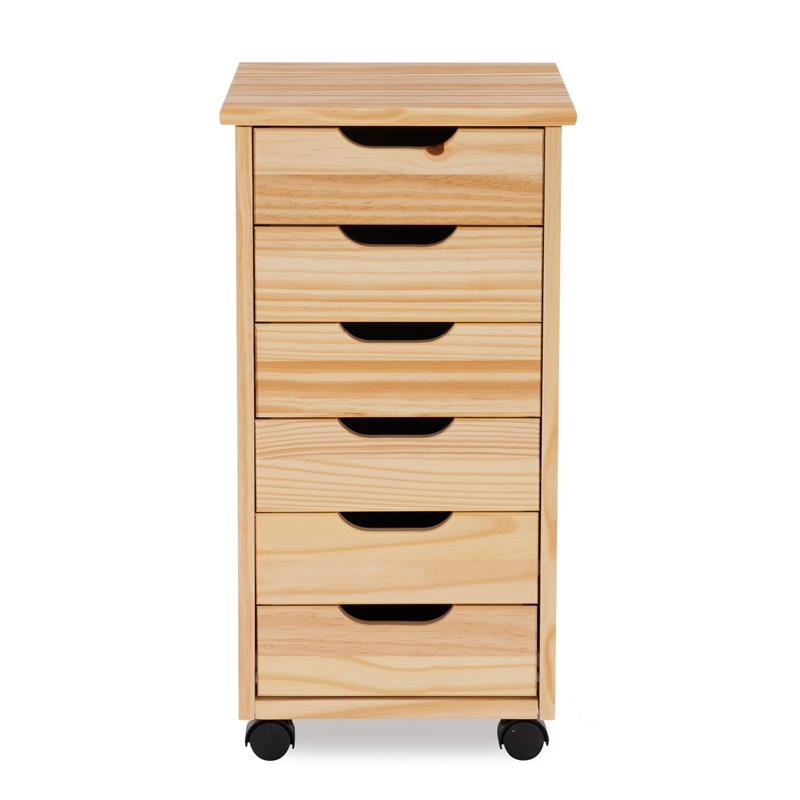 Pemberly Row Six Drawer Rolling Storage Cart in Natural Brown Wood