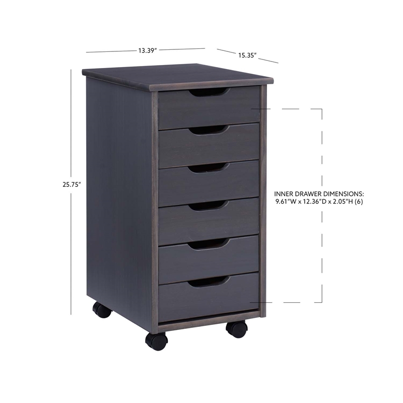Pemberly Row Transitional Six Drawer Rolling Storage Cart in Gray Wood